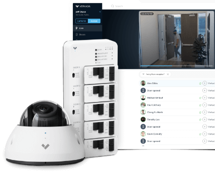 Verkada security camera, remote control, and monitor displaying video footage