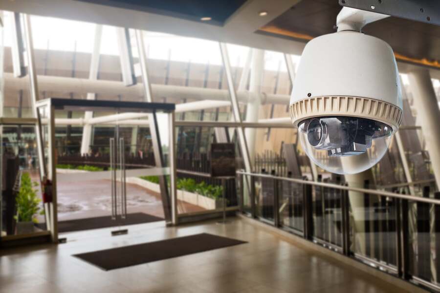 A high-end surveillance camera in a corporate building.